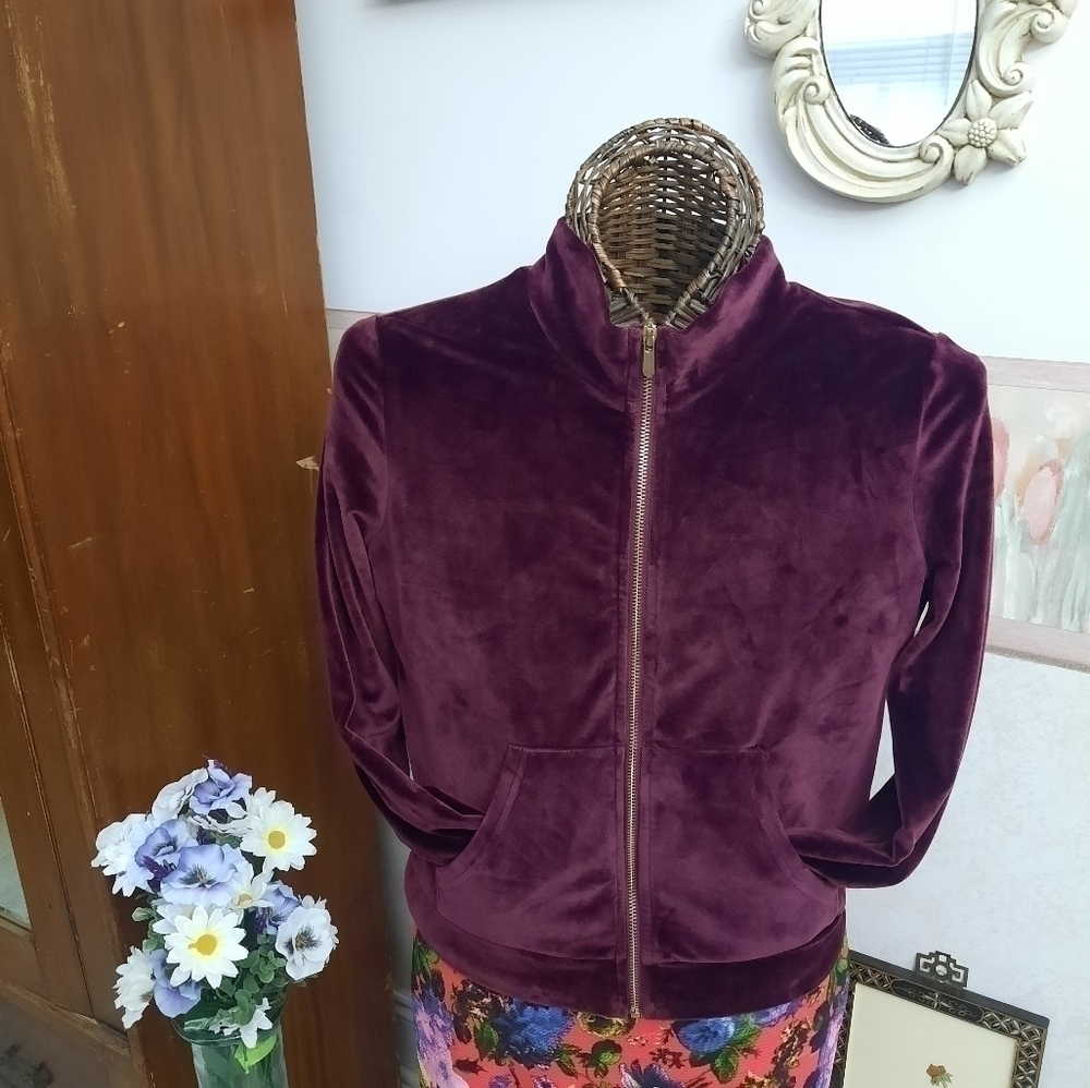 STRETCHY Athletic jacket soft velour zip-up  with pockets--waist length!
